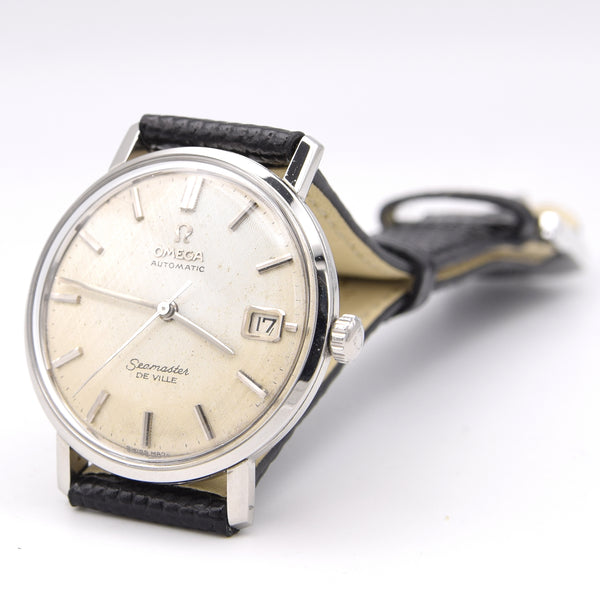 1963 Omega Automatic Seamaster De Ville Date Model 166.020 Wristwatch with Linen Dial - Hippocampus