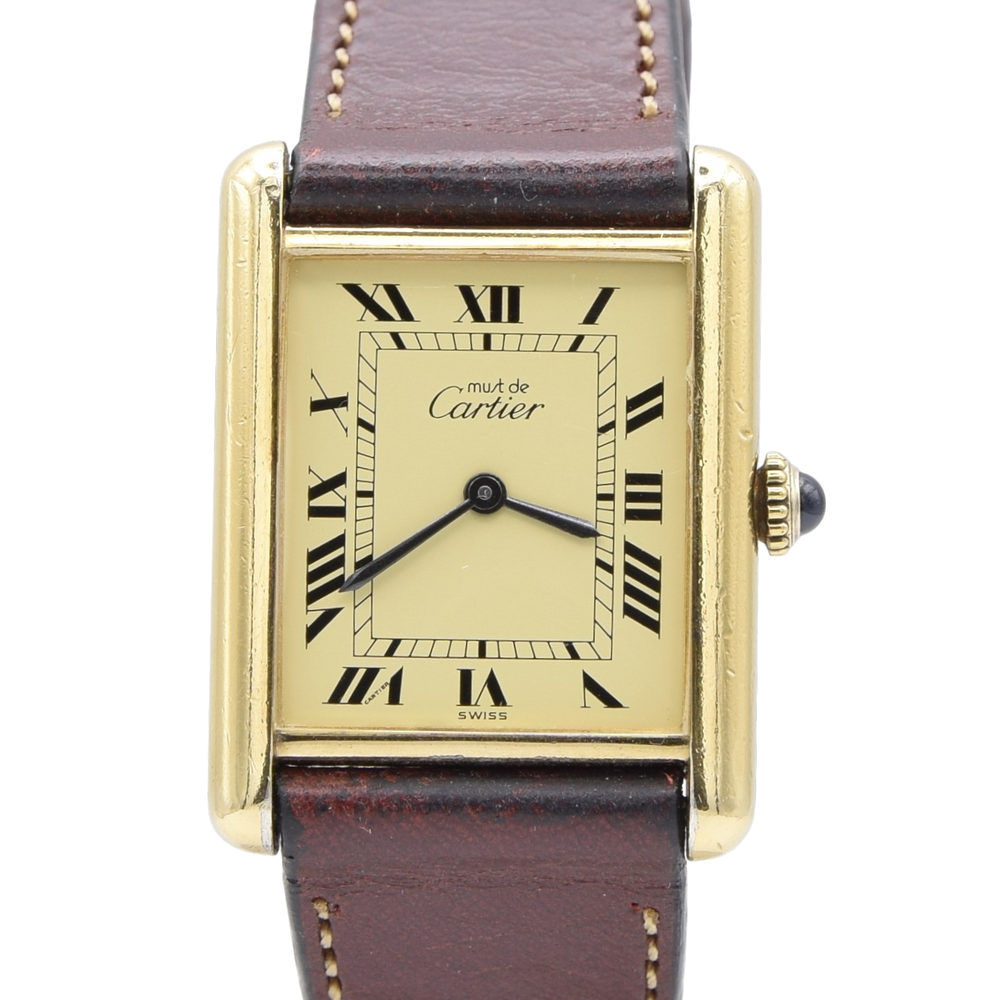 1970s Classic Rare Cartier Mechanical Tank Must De with 'Lemon' Roman Numeral Dial + Buckle