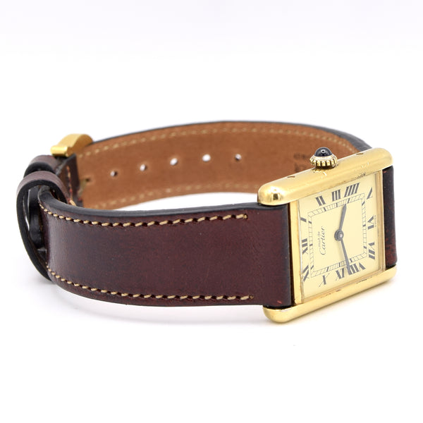 1970s Classic Rare Cartier Mechanical Tank Must De with 'Lemon' Roman Numeral Dial + Buckle