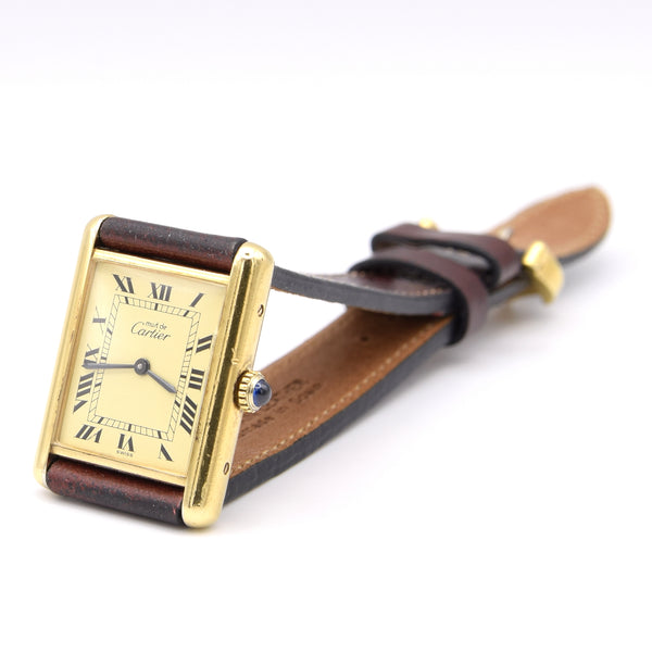 1970s Classic Rare Cartier Mechanical Tank Must De with 'Lemon' Roman Numeral Dial + Buckle