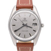 Omega Seamaster automatic wristwatch with a silver dial, black hands and baton markers, and a brown leather strap with white contrast stitching.