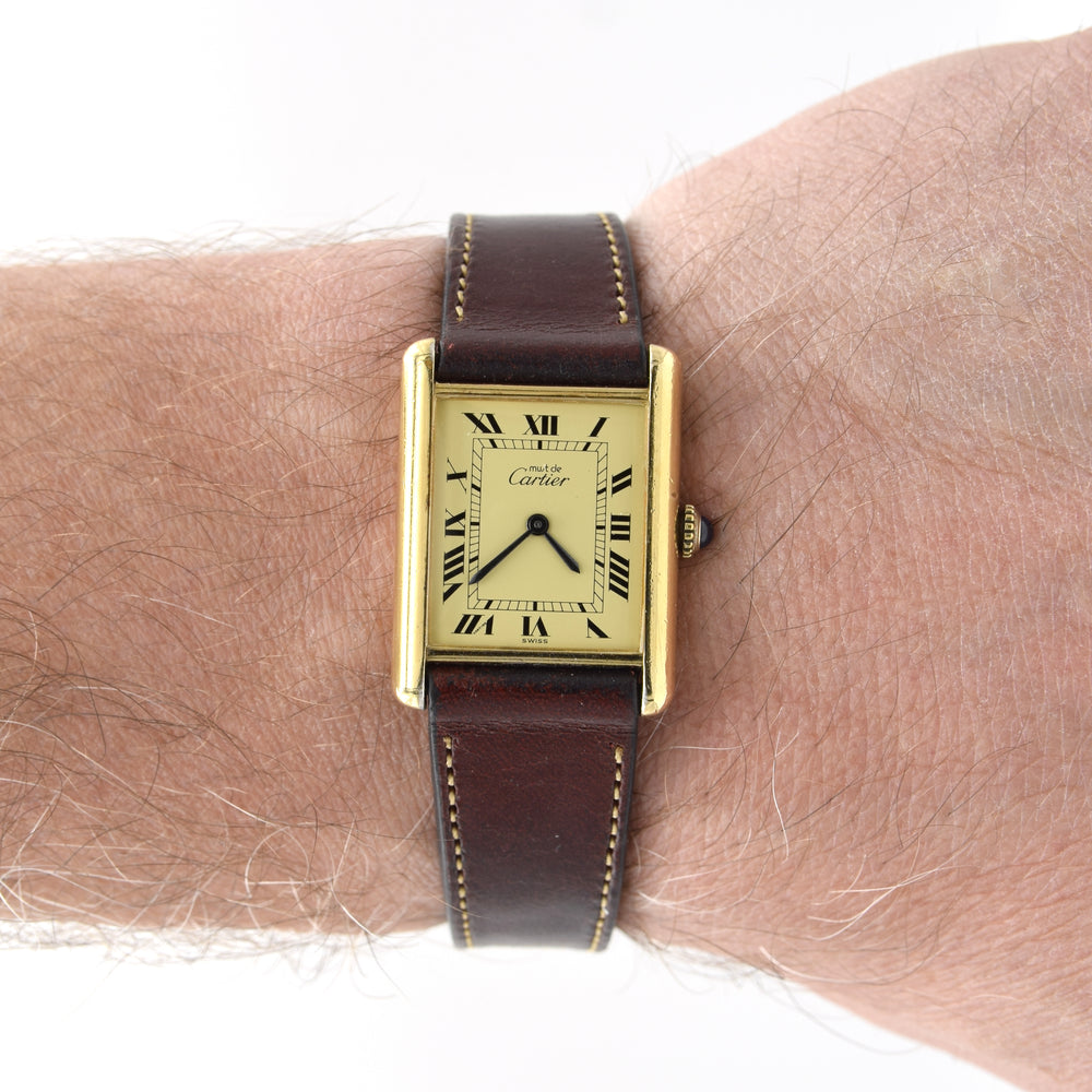 1970s Classic Rare Cartier Mechanical Tank Must De with 'Lemon' Roman Numeral Dial + Buckle