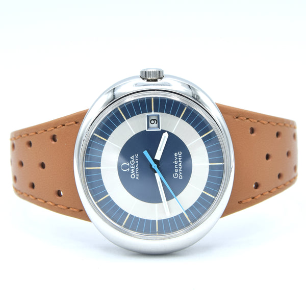 1973 Omega Geneve Dynamic Automatic Day Date with Two Tone Silver and Blue Bullseye Dial Model 166.107