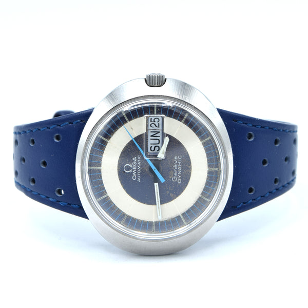1973 Omega Geneve Dynamic Automatic Day Date with Two Tone Silver and Blue Bullseye Dial Model 166.079