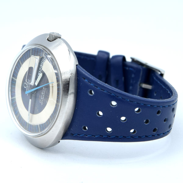 1973 Omega Geneve Dynamic Automatic Day Date with Two Tone Silver and Blue Bullseye Dial Model 166.079