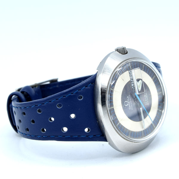 1973 Omega Geneve Dynamic Automatic Day Date with Two Tone Silver and Blue Bullseye Dial Model 166.079