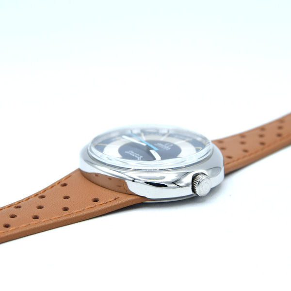 1973 Omega Geneve Dynamic Automatic Day Date with Two Tone Silver and Blue Bullseye Dial Model 166.107