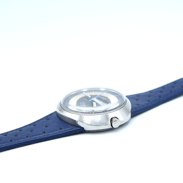 1973 Omega Geneve Dynamic Automatic Day Date with Two Tone Silver and Blue Bullseye Dial Model 166.079