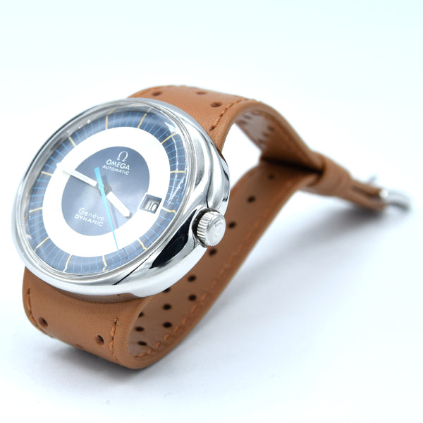 1973 Omega Geneve Dynamic Automatic Day Date with Two Tone Silver and Blue Bullseye Dial Model 166.107