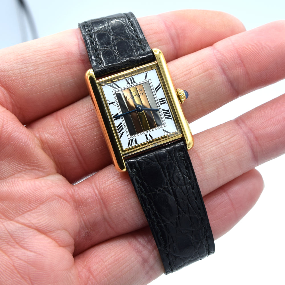 1990s Cartier Must De Tank with Rare "Trinity" Tri-Colour Dial in Vermeil 925 Sterling Silver Gilt with Box and Buckle