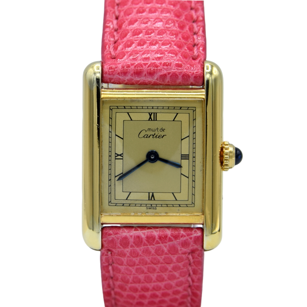 1990s Ladies Swiss Quartz Cartier Tank with Two Tone Dial and Roman Numerals in Sterling Silver Gilt Vermeil