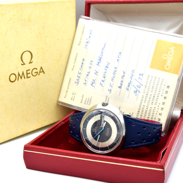 1973 Omega Geneve Dynamic Automatic Day Date with Two Tone Silver and Blue Bullseye Dial Model 166.079