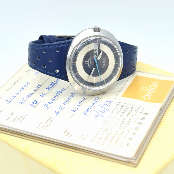 1973 Omega Geneve Dynamic Automatic Day Date with Two Tone Silver and Blue Bullseye Dial Model 166.079