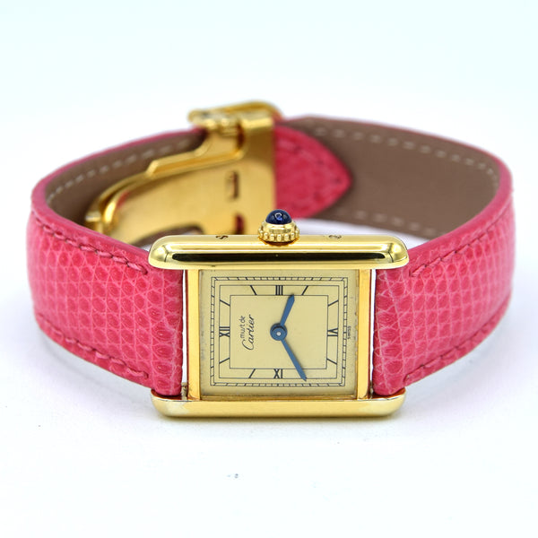 1990s Ladies Swiss Quartz Cartier Tank with Two Tone Dial and Roman Numerals in Sterling Silver Gilt Vermeil