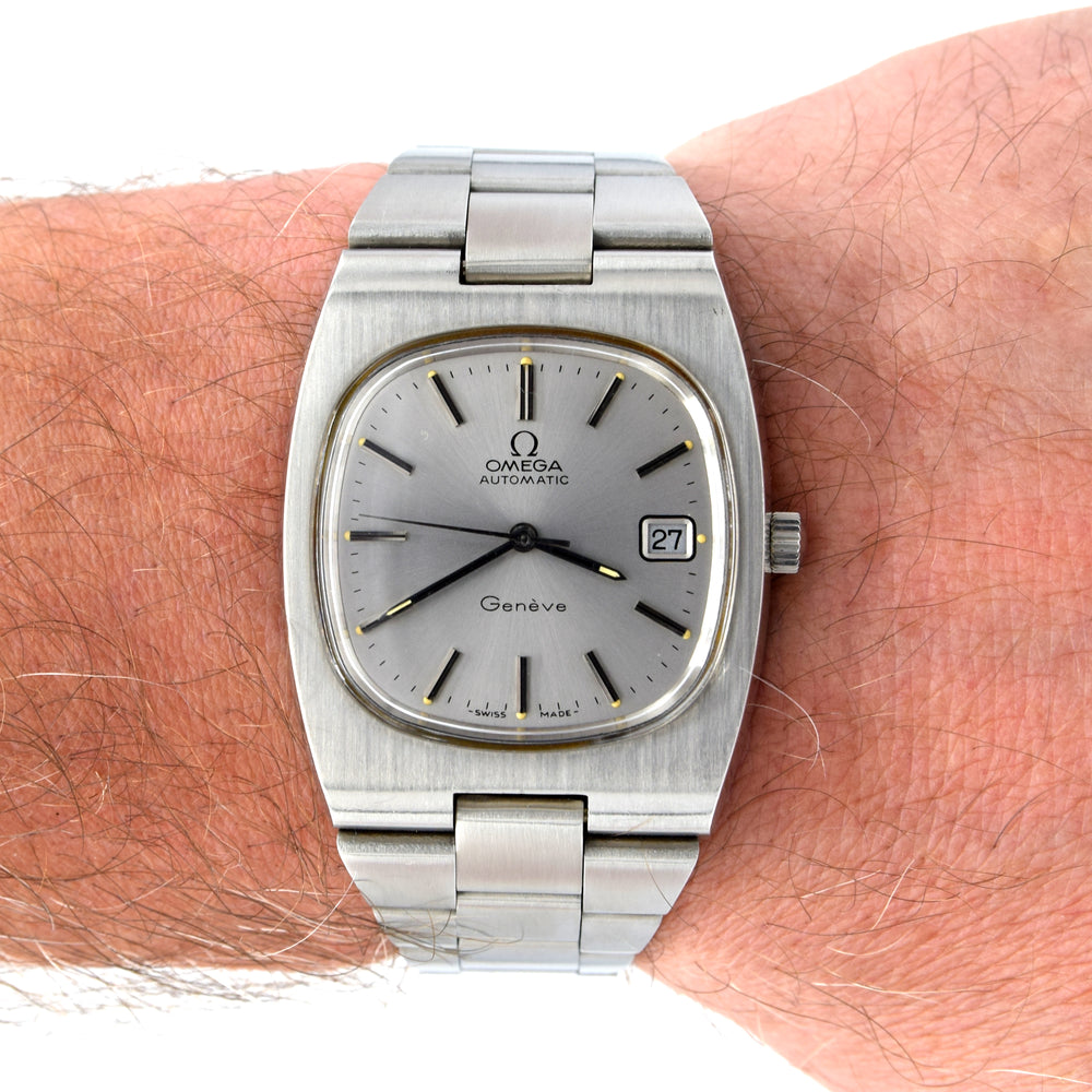 1973 Omega Geneve Automatic Date in Stainless Steel Model 166.0191 "TV Dial" satin silver