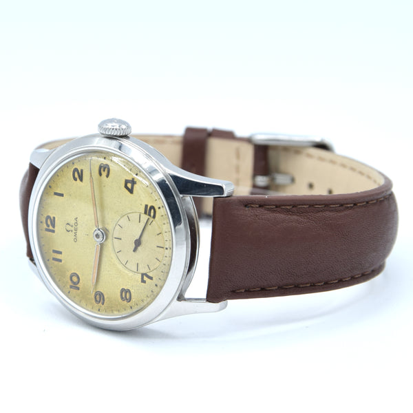 1950 Omega Military Style Manual Wind Wristwatch with Stunning Patina & Arabic Numerals Model 2622 in Stainless Steel