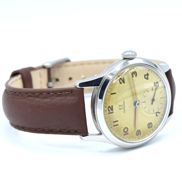 1950 Omega Military Style Manual Wind Wristwatch with Stunning Patina & Arabic Numerals Model 2622 in Stainless Steel