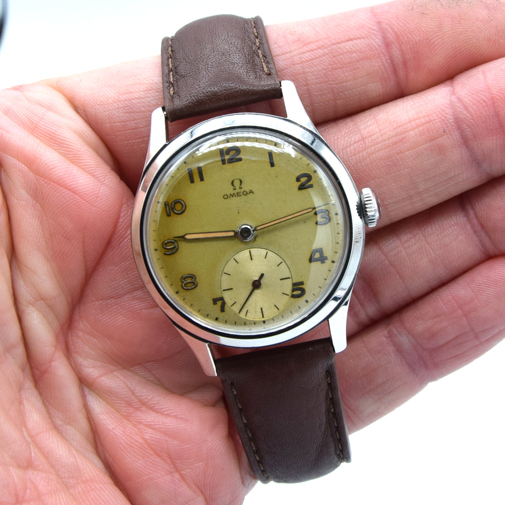 1950 Omega Military Style Manual Wind Wristwatch with Stunning Patina & Arabic Numerals Model 2622 in Stainless Steel