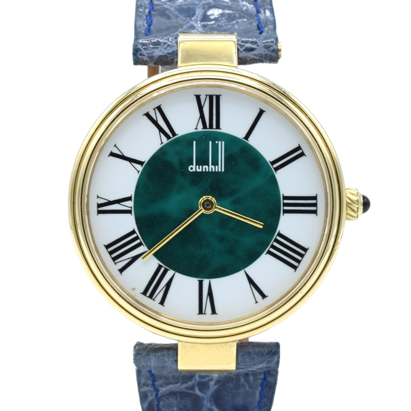 1980 Alfred Dunhill silver 925 sterling 'Green Bulls eye' swiss quartz dress Wristwatch with strap - buckle - box