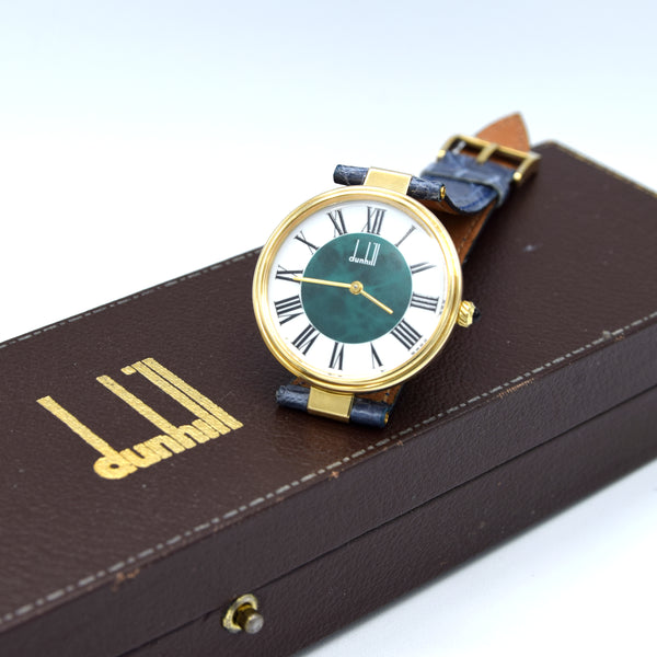 1980 Alfred Dunhill silver 925 sterling 'Green Bulls eye' swiss quartz dress Wristwatch with strap - buckle - box