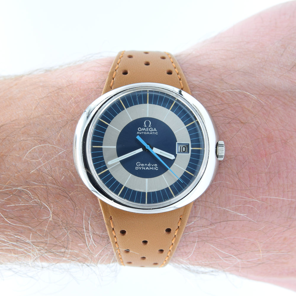 1973 Omega Geneve Dynamic Automatic Day Date with Two Tone Silver and Blue Bullseye Dial Model 166.107