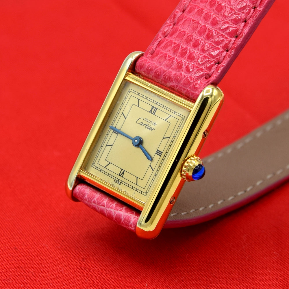 1990s Ladies Swiss Quartz Cartier Tank with Two Tone Dial and Roman Numerals in Sterling Silver Gilt Vermeil