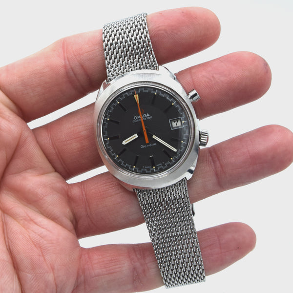 1969 Omega Chronostop Genéve Date Model 146.009 with Grey Sloped Dial in Stainless Steel on mesh bracelet