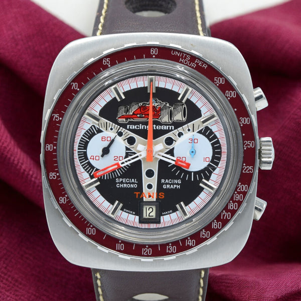 1970s Tanis NOS Special F1 Racing Team Chronograph Date with Bakelite Bezel Valjoux Cal 7734