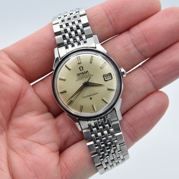 1966 Omega Constellation Automatic Date with Dog Leg Lugs Model 168.005 in Original Unpolished Condition on Beads of Rice Bracelet