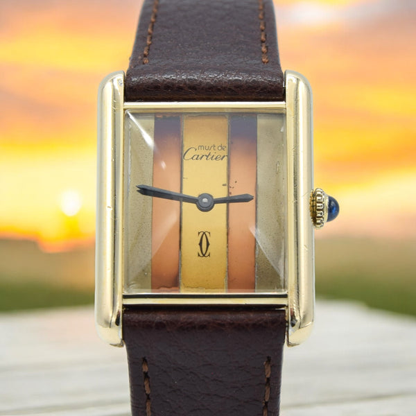 1970s Cartier Tank Mechanical unisex Manual Wind with Tri Colour - Trinity Dial in silver Gilt