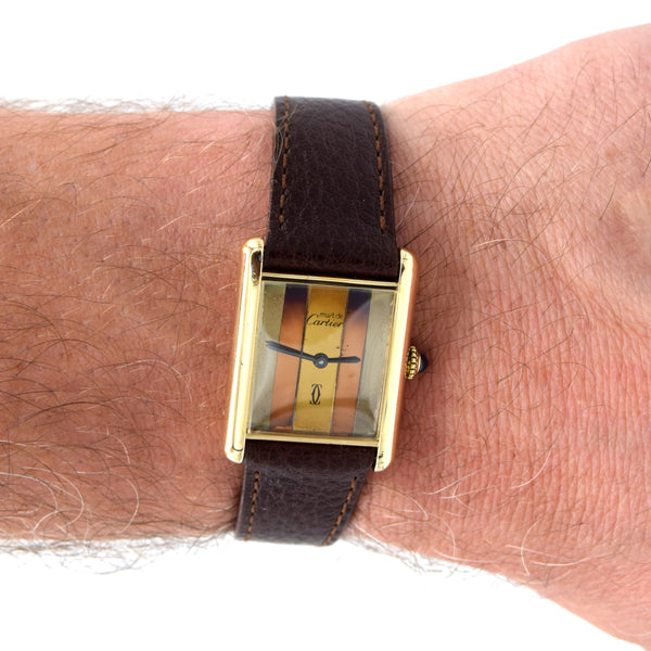 1970s Cartier Tank Mechanical unisex Manual Wind with Tri Colour - Trinity Dial in silver Gilt