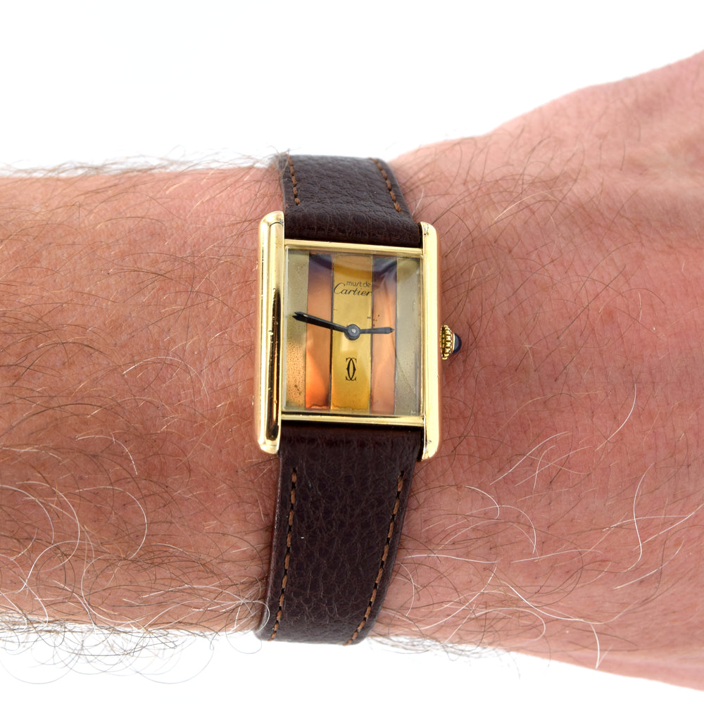 1970s Cartier Tank Mechanical unisex Manual Wind with Tri Colour - Trinity Dial in silver Gilt