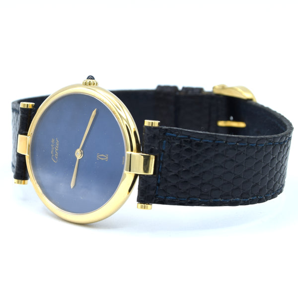 1990s Cartier Ronde with Lapis-Type Dial and Vendôme Lugs in 925 Sterling Silver Gilt Vermeil Case with Box