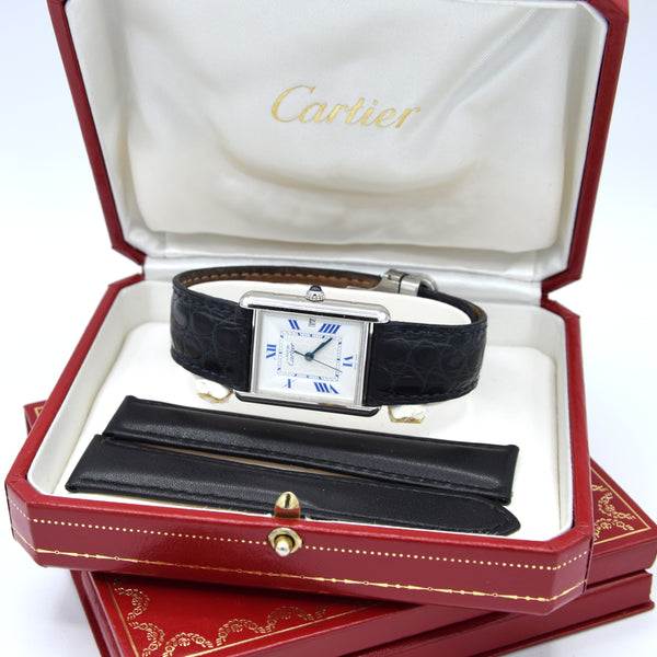 2001 Large Cartier Tank Date with Roman Numerals Model 2414 in Silver with Deployment Clasp, Box and Papers