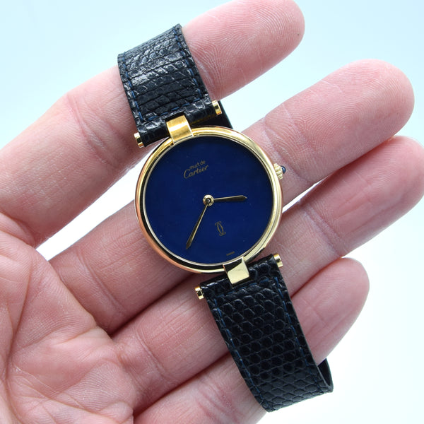 1990s Cartier Ronde with Lapis-Type Dial and Vendôme Lugs in 925 Sterling Silver Gilt Vermeil Case with Box