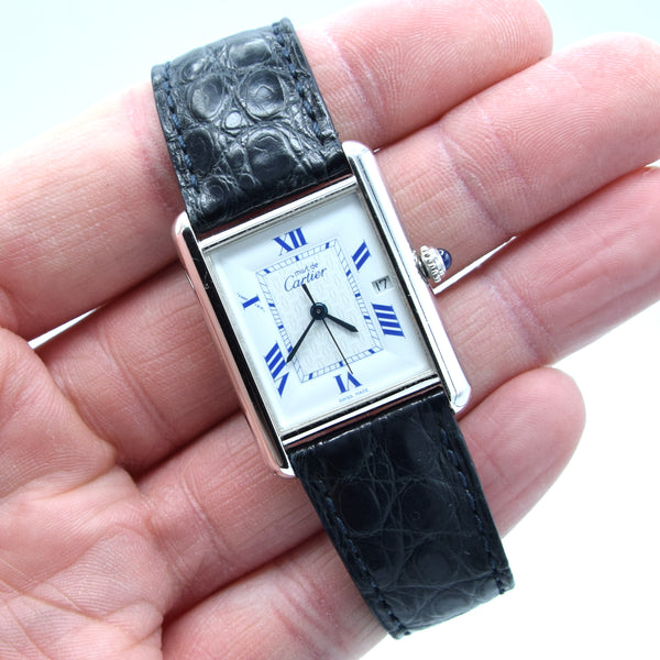 2001 Large Cartier Tank Date with Roman Numerals Model 2414 in Silver with Deployment Clasp, Box and Papers