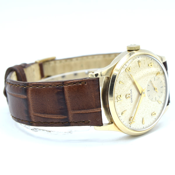 1952 Omega Manual Wind Dress Watch Model 13322 in 9ct Gold with Mixed Arrow and Arabic Numerals Sub Seconds with Box, Books and Original Gold Buckle