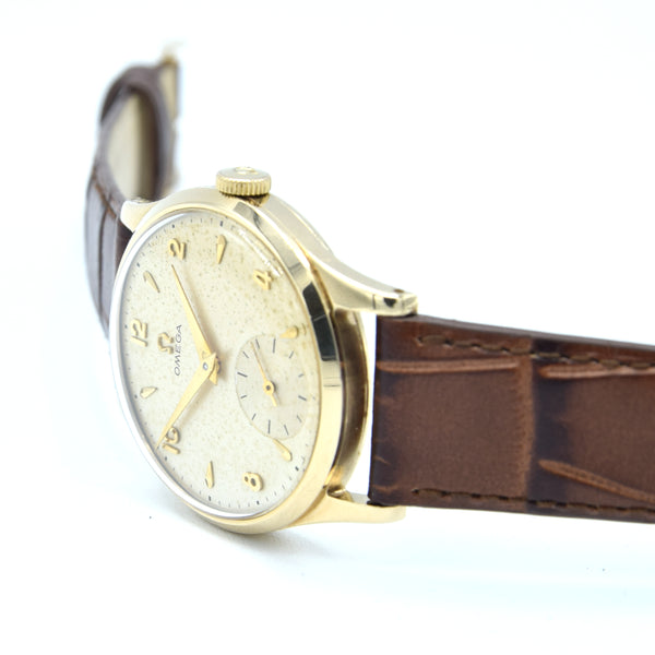 1952 Omega Manual Wind Dress Watch Model 13322 in 9ct Gold with Mixed Arrow and Arabic Numerals Sub Seconds with Box, Books and Original Gold Buckle
