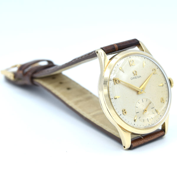 1952 Omega Manual Wind Dress Watch Model 13322 in 9ct Gold with Mixed Arrow and Arabic Numerals Sub Seconds with Box, Books and Original Gold Buckle