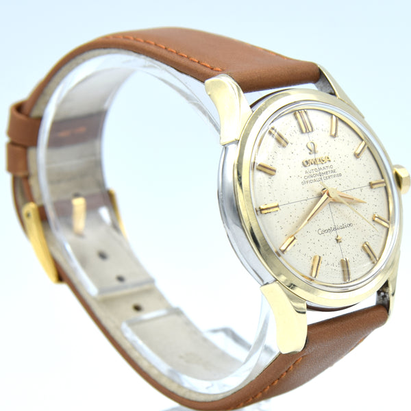 1956 Omega Constellation Chronometer Early Model 2852 with Crosshair Patina Dial in Gold Capped Case