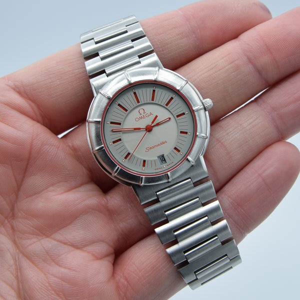 1986 Rare Omega Seamaster Dynamic II 'Spider' Quartz Date with Two Tone Silver Dial Model 196.0301 in Stainless Steel on Bracelet