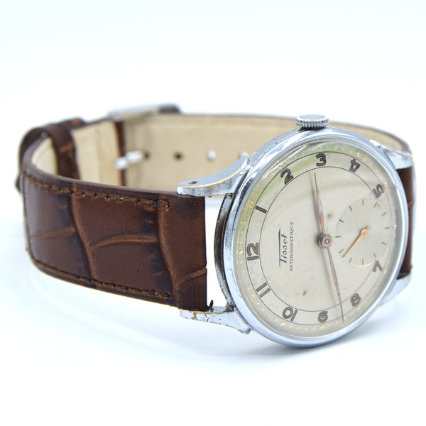 1940s Tissot Anti-Magnetic Manual Wind Wristwatch Model 6426 with Original Two Tone Radial Arabic Numeral Dial in Chrome Front & Steel Back
