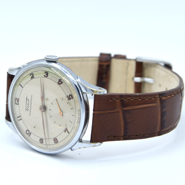 1940s Tissot Anti-Magnetic Manual Wind Wristwatch Model 6426 with Original Two Tone Radial Arabic Numeral Dial in Chrome Front & Steel Back