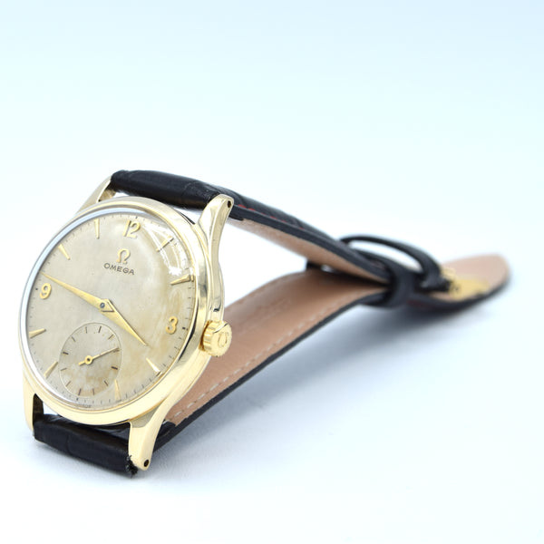 1952 Omega Dress Watch Model 13322 in 9ct Gold with Mother of Pearl Patina Effect Dial with Sub Seconds and Original 9ct Gold Buckle