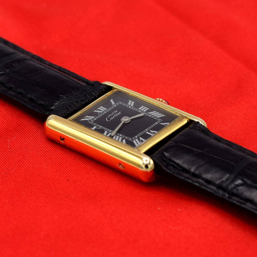 1970s Cartier Ladies Tank 925 Sterling Silver Gilt Vermeil Mechanical Manual Wind with rare black Roman Dial