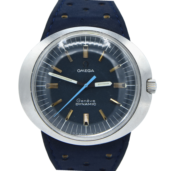 1969 Omega Geneve with Gorgeous matte blue Dial Model 135.033 in steel with strap and buckle