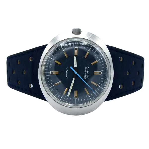 1969 Omega Geneve with Gorgeous matte blue Dial Model 135.033 in steel with strap and buckle