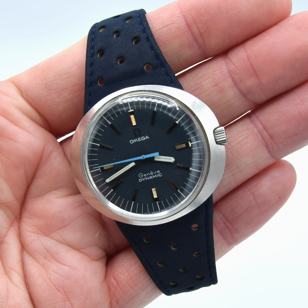 1969 Omega Geneve with Gorgeous matte blue Dial Model 135.033 in steel with strap and buckle