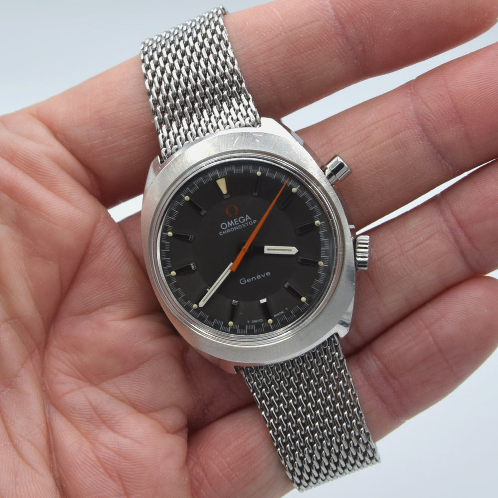 (RESERVED)1967 Omega Chronostop Genéve Mk1 Model 145.009 with Grey Sloped Dial in Stainless Steel on mesh