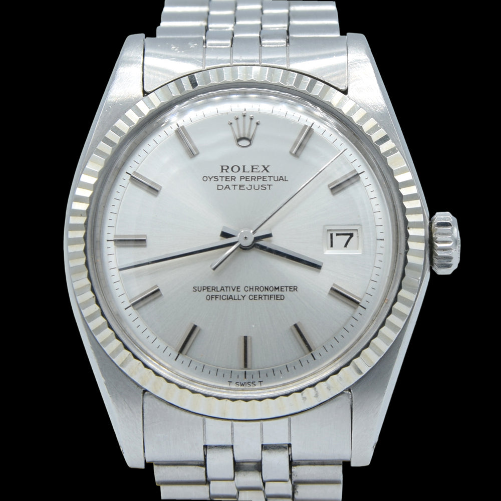 1970 Sharp Rolex Oyster Perpetual Datejust with White Gold Fluted Bezel "No Lume" Model 1601 in Stainless Steel on Jubilee Bracelet